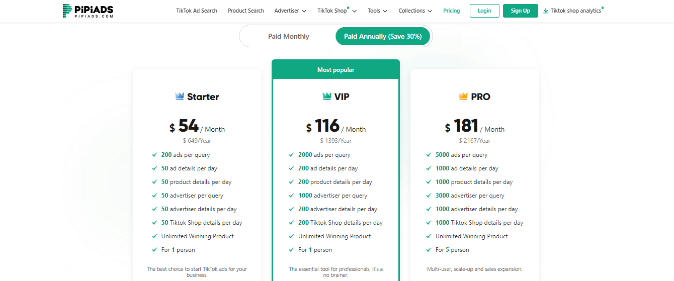 Pipiads Pricing Plans